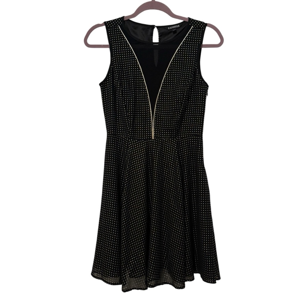 Express Gold Studded Mesh Front Fit & Flare Mini Dress Black Gold Size 2 - Picture 1 of 9